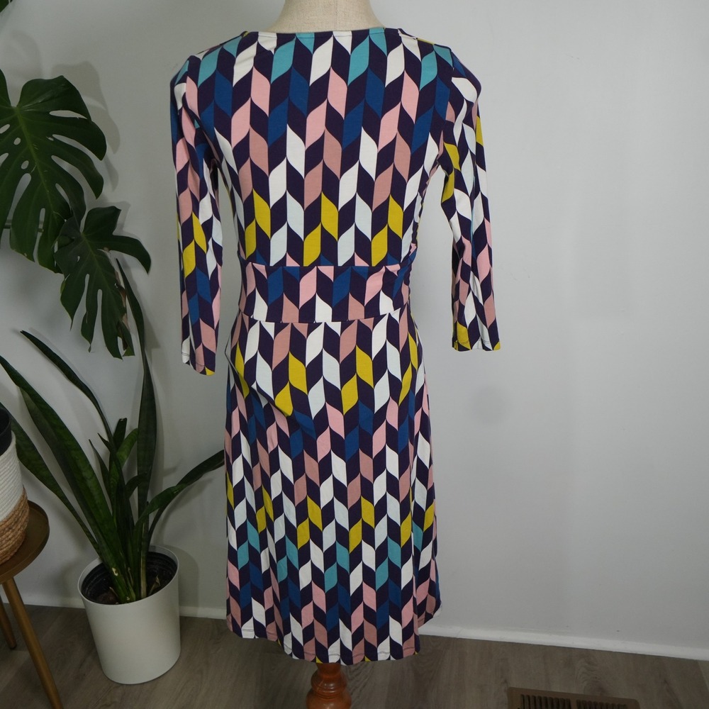 Boden Faux Wrap Dress 4R Multicolor Geometric Jersey Midi 3/4 Sleeve WH886 - Picture 7 of 9